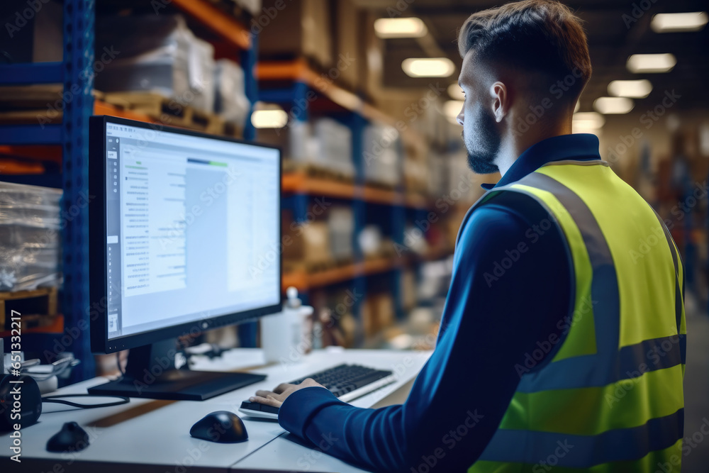Fototapete warehouse worker viewing a spreadsheet on a computer screen at factory.