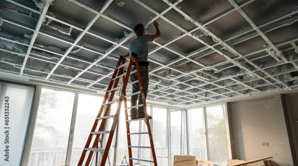 Poster worker stands on a ladder and make a ceiling at home under construction.