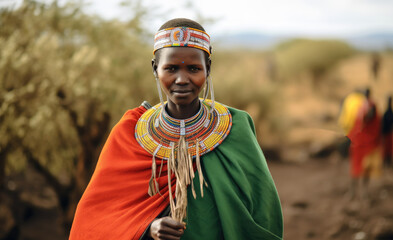 Portrait of woman from the Maasai tribe standing in her village, Tribe, Ancient tribe.
