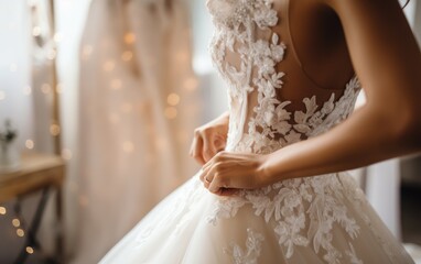 Obraz na płótnie Canvas A bride-to-be trying on wedding dresses. Generative AI