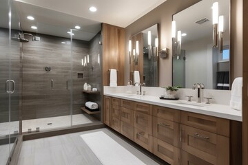 Contemporary bathroom featuring a shower, wooden vanity, double sink, and dual mirrors. Generative AI
