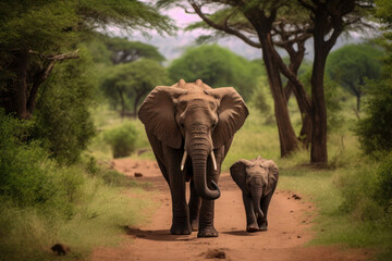 Front shot of an adult and baby elephant walking in the wild, adult and baby elephant together