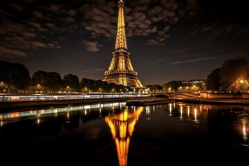 nighttime view of iconic Paris landmark. Generative AI