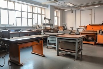 Workspace for welding in a school with tables and machinery. Generative AI
