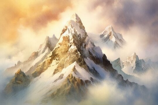 Mountain painting in watercolor. Generative AI