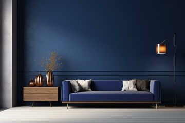 Contemporary interior with dark blue living room, blank wall visual, digital rendering. Generative AI - obrazy, fototapety, plakaty