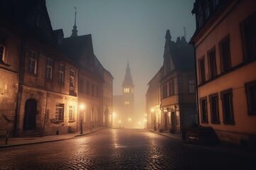 Fototapeta na wymiar Misty evening in a historic European town. Generative AI