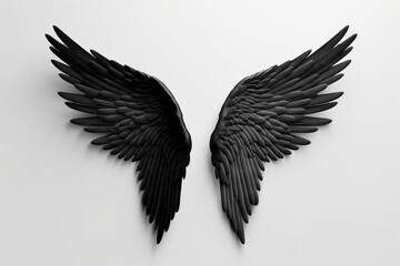 A 3D illustration of black angelic wings on a white background. Generative AI