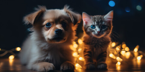 Cat and Dog and Golden Christmas Lights. Cute Puppy and Little Kitten with Electric Garland on a festive Christmas Background