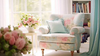 Cozy cute girly interior with soft chair and fresh spring flowers, pastel blue and pink color palette. Provence style room.  - obrazy, fototapety, plakaty