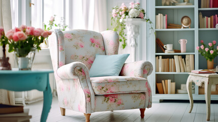 Cozy cute girly interior with soft chair and fresh spring flowers, pastel blue and pink color palette. Provence style room. 