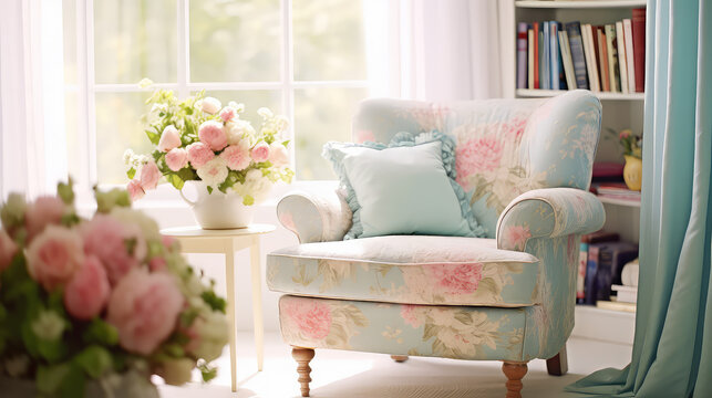 Cozy cute girly interior with soft chair and fresh spring flowers, pastel blue and pink color palette. Provence style room. 
