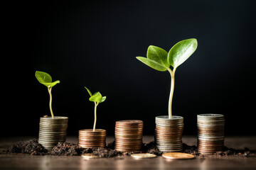 Fototapeta na wymiar Plants growing out of money coins