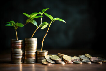 Plant growing on stack of money coins