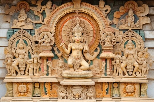 Symbols of Vishnu and Balaji on Tirupati temple wall. Generative AI