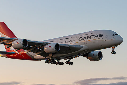 Airbus A380 Qantas airlines approaching early morning to London Heathrow Airport