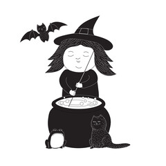 Cute cartoon illustration of a witch with a cauldron