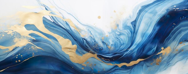 Abstract marble marbled ink painted painting texture luxury background banner - Blue waves swirls gold painted splashe | Generative AI