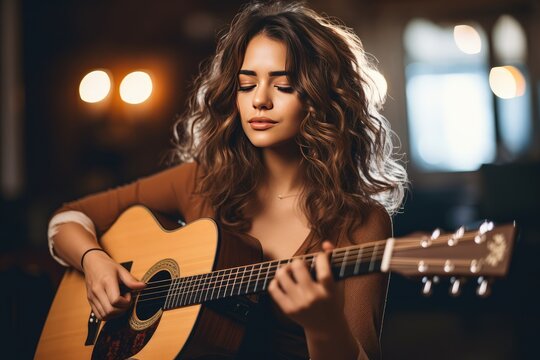 Musical Artist with Curly Brown Hair Plucking Acoustic Guitar