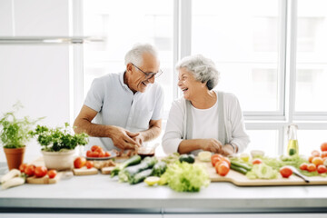Senior Couple Together in Kitchen, Smiling, Preparing Vegetable Meal