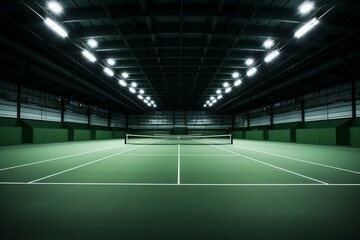 Well-illuminated tennis court hosting a tournament inside a large facility. Generative AI