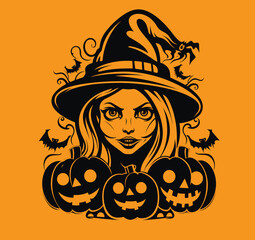 Vector cartoon illustration Girl in costume Halloween witch with halloween pumkin Happy halloween on yellow 