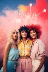Obraz premium Portrait of three beautiful female friends , blond , brunette and redhead celebrating with fireworks in the background