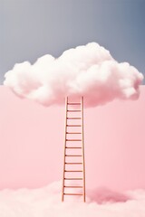 Ladder to sky on light pink and blue background. Minimal success concept. 