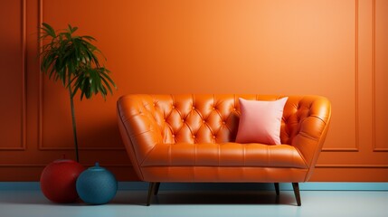 An orange tufted leather sofa stands out against a coral wall with ample copy space in the minimalist home interior design of the modern living room