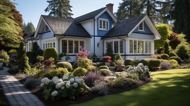 Beautiful landscaped front yard with trimmed lawn and flower bed in a Georgian style family house exterior with roof tiles and dormer windows