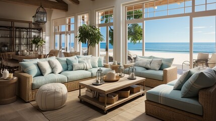 Coastal style defines the interior design of a modern living room - obrazy, fototapety, plakaty