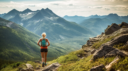 A strong female trail runner with majestic mountains and blue sky. AI