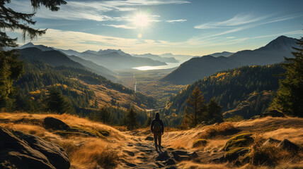 Strong woman hiker outstretched arms stand at cliff edge on mountain top