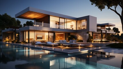Fototapeta na wymiar Exterior of a modern minimalist cubic villa with a swimming pool at sunset