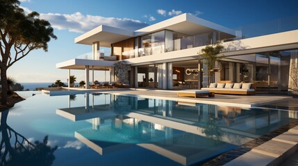 Fototapeta premium Exterior of an amazing modern minimalist cubic villa with a large swimming pool, showcasing a white seaside luxury house with a sea view
