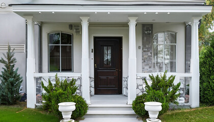 Contemporary Elegance: Wooden Door and Stone Porch. Generated with AI