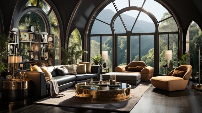 Hollywood regency home interior design of a modern living room in a villa with a cozy luxury tufted curved round sofa and a velvet pouf on black parquet flooring near curtains and an arched window
