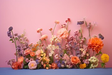Colorful flowers against a pink background. Generative AI