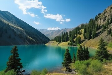 Obraz na płótnie Canvas Scenic view of Kolsai mountain lake in Kazakhstan. Generative AI