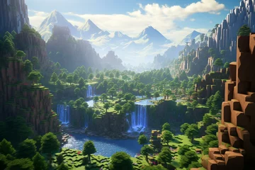 Fototapete Minecraft A picturesque Minecraft setting featuring a scenic valley with an ethereal atmosphere. Generative AI