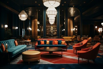 Vintage-inspired lounge with geometric shapes, plush seating, and retro light fixtures. Generative AI