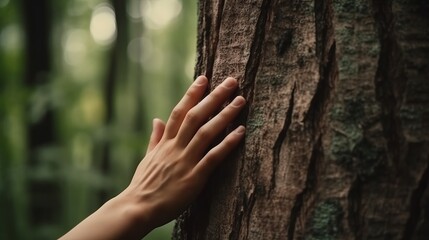 Hand on the tree. Hand touch the tree trunk. Human hand touches a tree trunk. Bark wood. Wild forest travel. Ecology - a energy forest nature concept. - obrazy, fototapety, plakaty