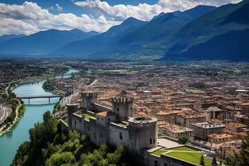 Panoramic view of Trento from Buonconsiglio Castle. Generative AI - obrazy, fototapety, plakaty