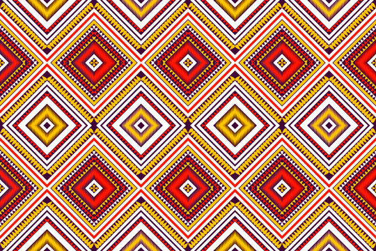 Abstract ethnic pattern, seamless floral, icosahed, geometric, zigzag. Indian tribal pattern, purple red white yellow for textiles, rugs, cushions, clothes, scarves.