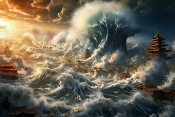 Illustration of destructive ocean waves caused by a powerful tsunami and earthquake. Generative AI - obrazy, fototapety, plakaty