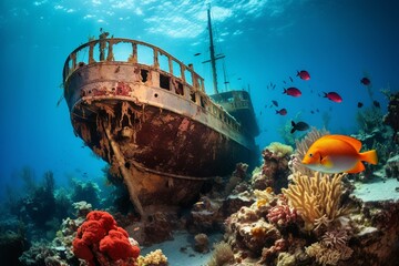 Colorful underwater shipwreck near coral reef. Generative AI - obrazy, fototapety, plakaty