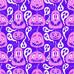 Cartoon retro vegetable harvest seamless Halloween pumpkins pattern for wrapping paper and fabrics and linens