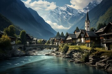 Austrian town in Tyrol. Generative AI - obrazy, fototapety, plakaty
