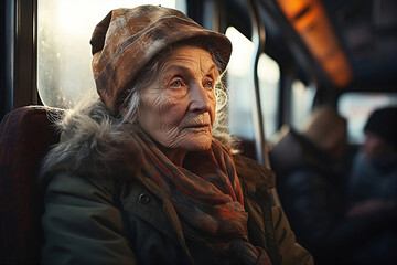 Old woman sitting in bus.