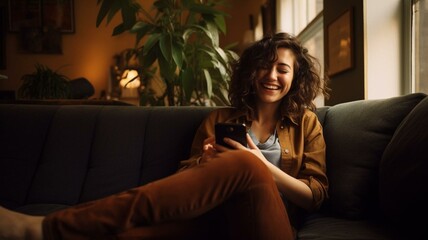 woman sitting on sofa with a mobile phone - obrazy, fototapety, plakaty
